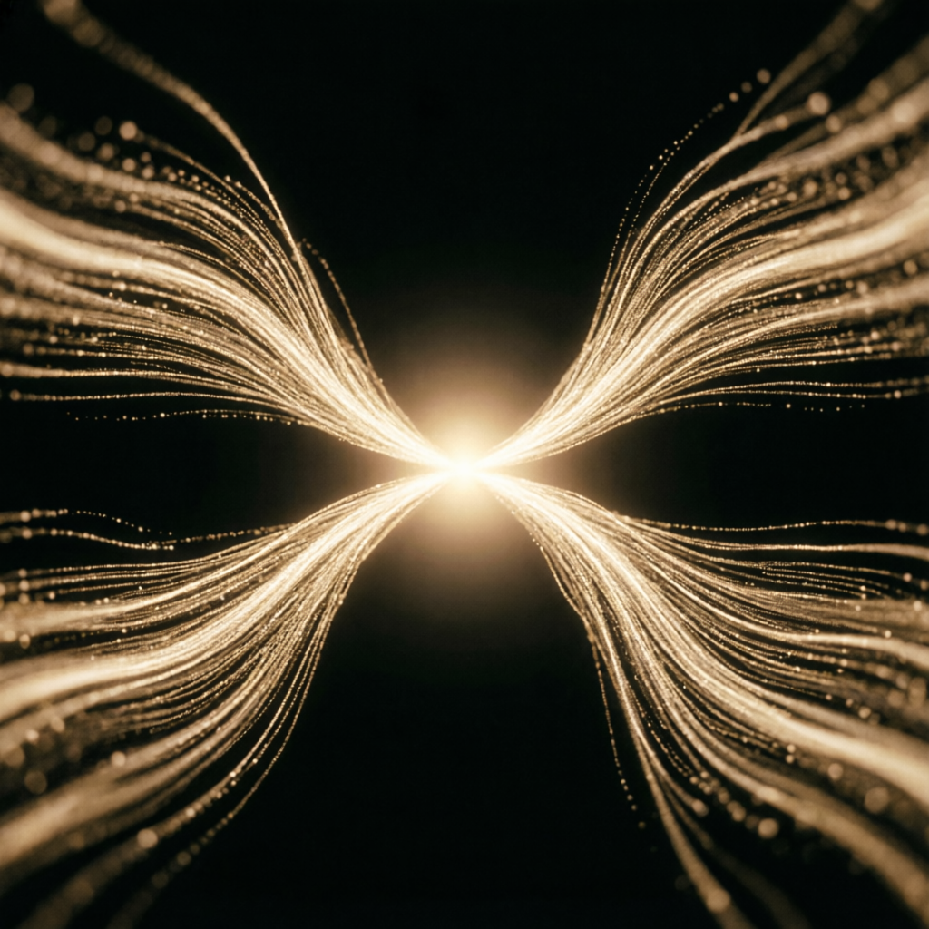 Gold particle streams converging into a central node