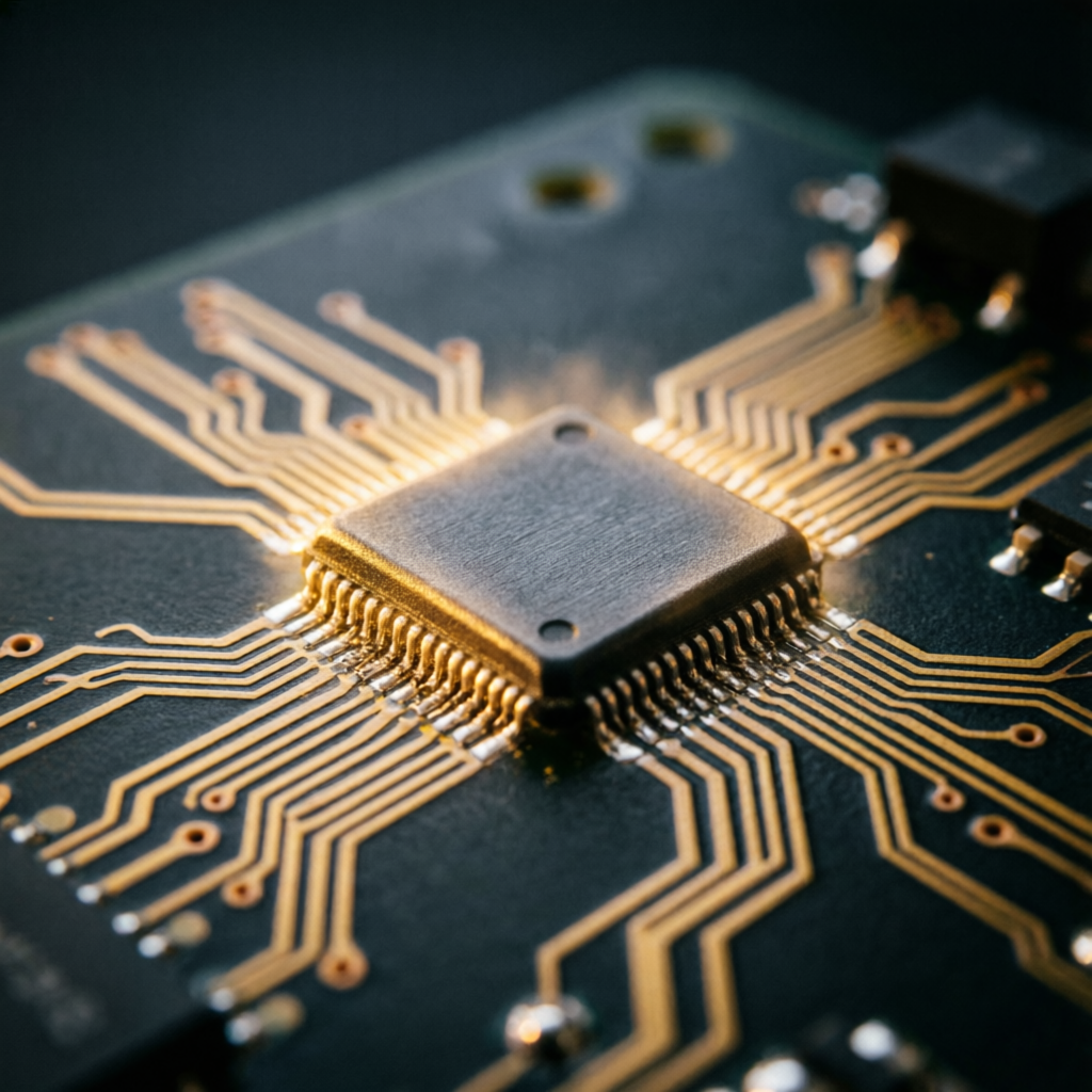 Macro of cryptographic chip with gold traces