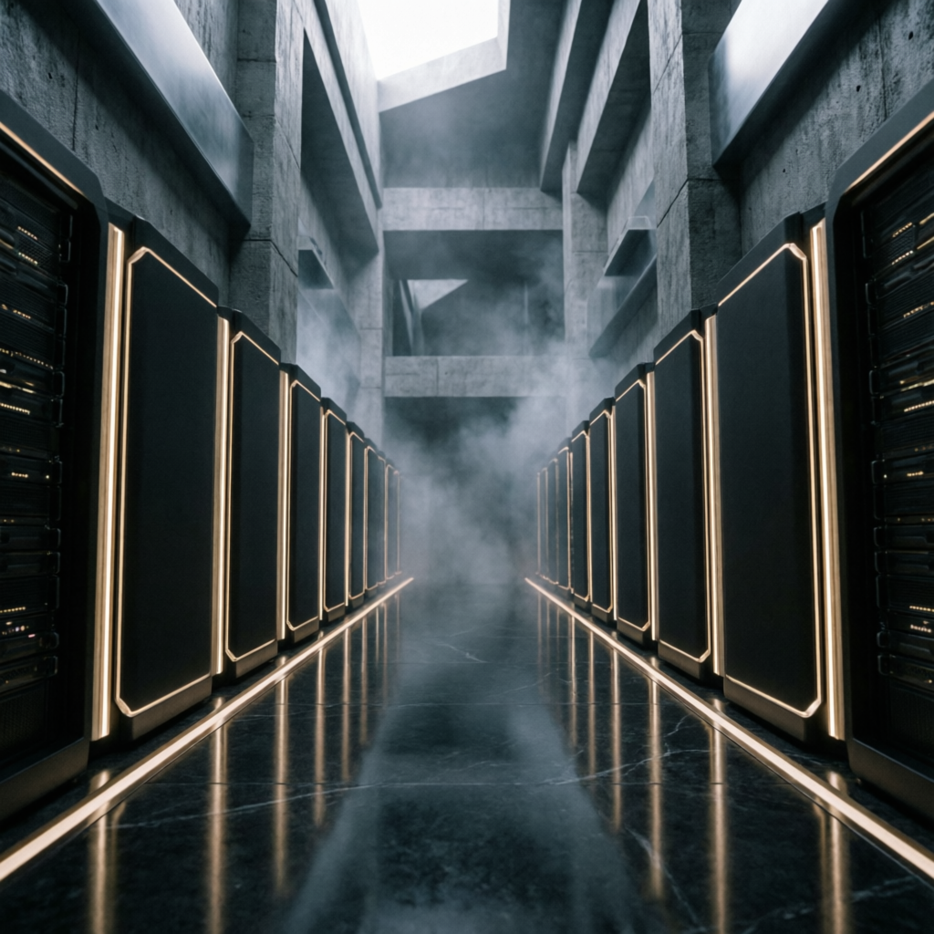 Dark enclave server corridor with gold light seams