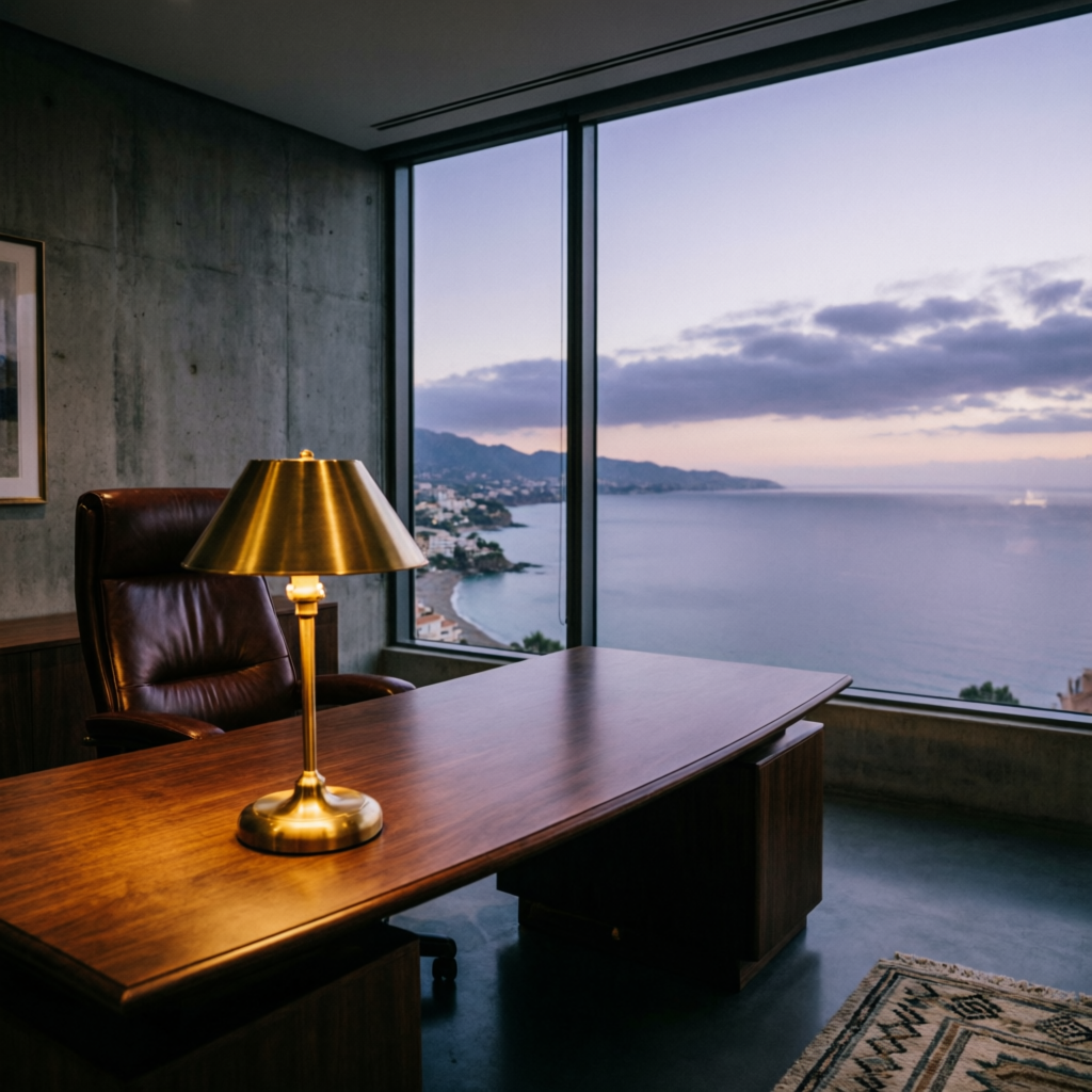 Dark luxury private office overlooking Marbella coast