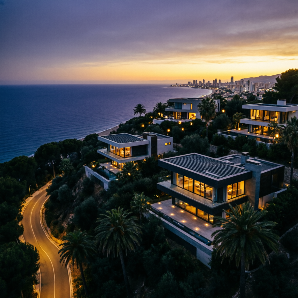 Aerial dusk view of Marbella coastline and villas